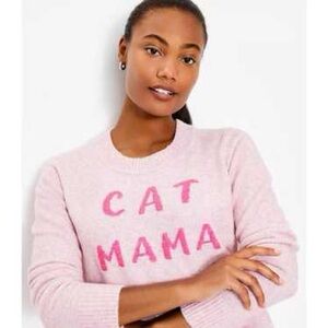 LOFT Pink Crewneck Cat Mama Sweater